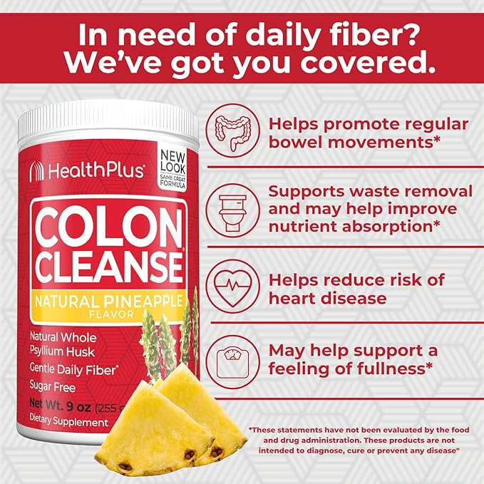 Health Plus Colon Cleanse Digestive Support | Natural Sweetener without Artificial Flavors | Daily Fiber for Toxin Elimination To Reduce Bloating | Pineapple Flavor | 9 Ounces, 36 Servings