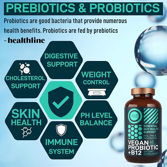 Vegan Probiotic Plus B12-22 Billion CFU Synbiotics Probiotics & Prebiotic for IBS, Digestive & Gut Health, Mood Support - B12 with FOS Pre Pro Post Biotics for Women & Men - 60 Gluten-Free Capsules