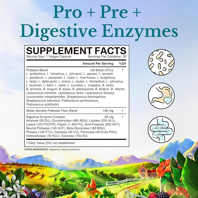 VITALITOWN Probiotics 120 Billion CFUs | 36 Strains, with Prebiotics & Digestive Enzymes for Men Women | Shelf Stable | Digestive Health & Immune Support | Vegan, Non-GMO | 30 Delayed Release Veg Caps
