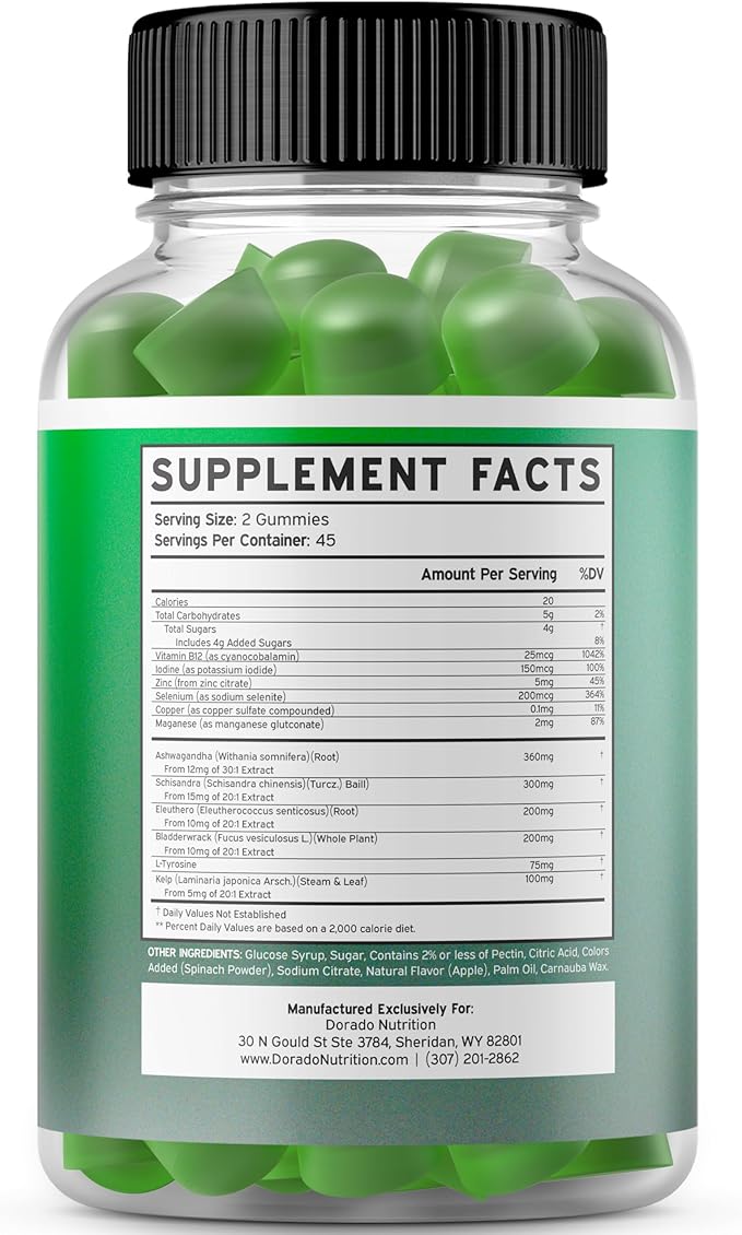 Thyroid Support For Women & Men (90 Gummies) Ashwaganda, Iodine, Bladderwrack, Kelp, & Schisandra - Thyroid Support Supplement - Delicious Flavor - Non-GMO, Vegan, Gluten-Free - (90 Thyroid Gummies)