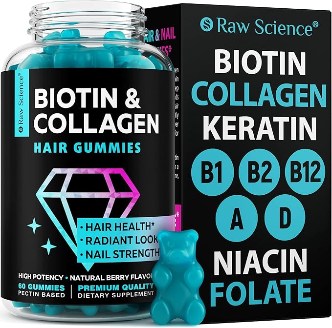 Biotin Collagen Gummies â Hair Skin and Nails Vitamins for Women & Men â Hair Growth Vitamins: B1, B2, B3, B5, B7, B9, B12, Collagen, Keratin, Vitamin A & D â Hair Growth Supplement â 60 Gummy Bears