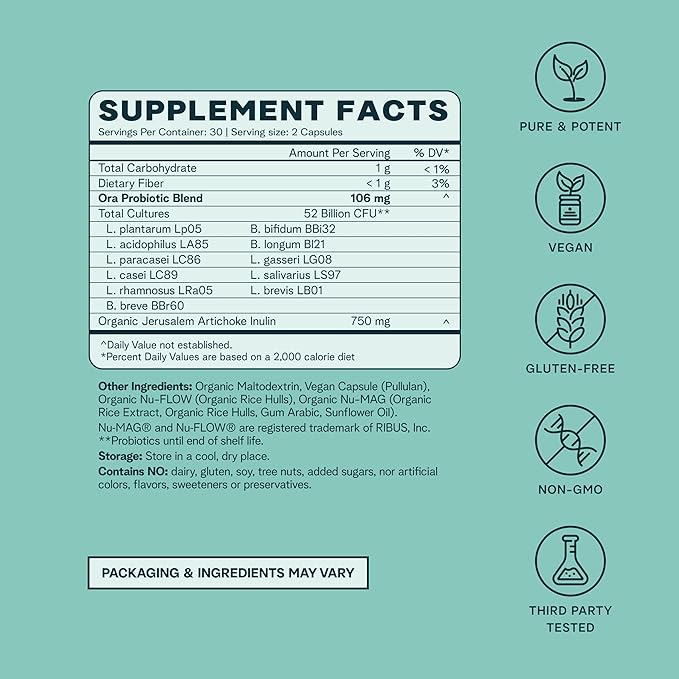 Ora Organic Probiotics with Prebiotics - 52 Billion CFU 11 Clinically Studied Strains for Digestive Health, Trust Your Gut, Gluten Free, 60 Capsules