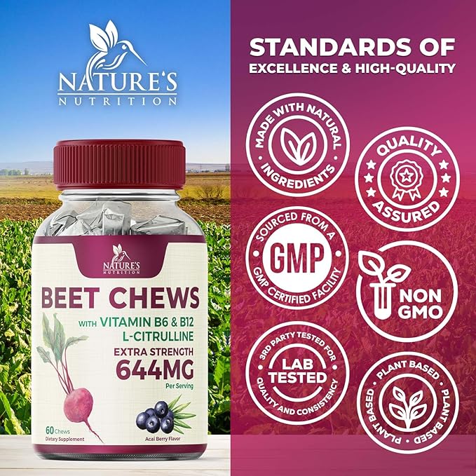 Beet Chews - Soft Beet Root Chewables with Grape Seed Extract Supports Heart Health & Energy with Powerful Antioxidants - Nature's Beetroot Nitric Oxide Supplement, Berry Flavor - 60 Vegan Soft Chews