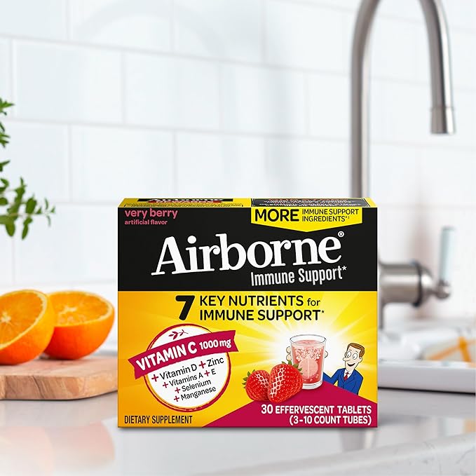 Airborne 1000mg Vitamin C with Vitamin D & Zinc, SUGAR FREE Multivitamin Immune Support Supplement, Antioxidants Vitamins A C & Vitamin E, 30 Effervescent Tablets, Very Berry Flavor