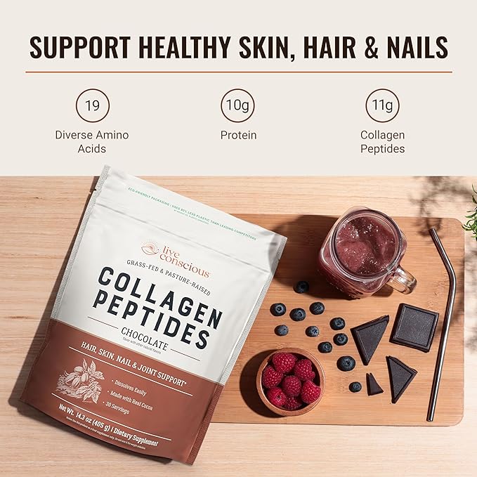 Live Conscious Collagen Peptides Powder - Chocolate Collagen Powder - Hair, Skin, Nail, and Joint Support - Type I & III Grass-Fed Collagen Supplements for Women and Men - 30 Servings - 15oz