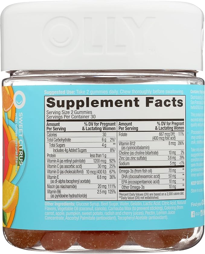 Olly The Essential Prenatal Gummy Multivitamin, 30 Day Supply ( Gummies), Sweet, Folic Acid, Vitamin D, Omega 3 DHA, Chewable Supplement, White Citrus, 60 Count (Pack of 1)