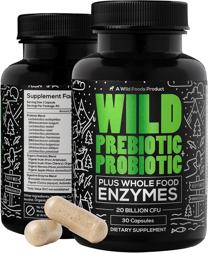 Wild Prebiotics and Probiotics with Digestive Enzymes | 20 Billion CFU - 10 Strains for Women & Men | Support Gut Health & Digestion Supplements | Non-GMO Prebiotic Fiber | 30 Capsules