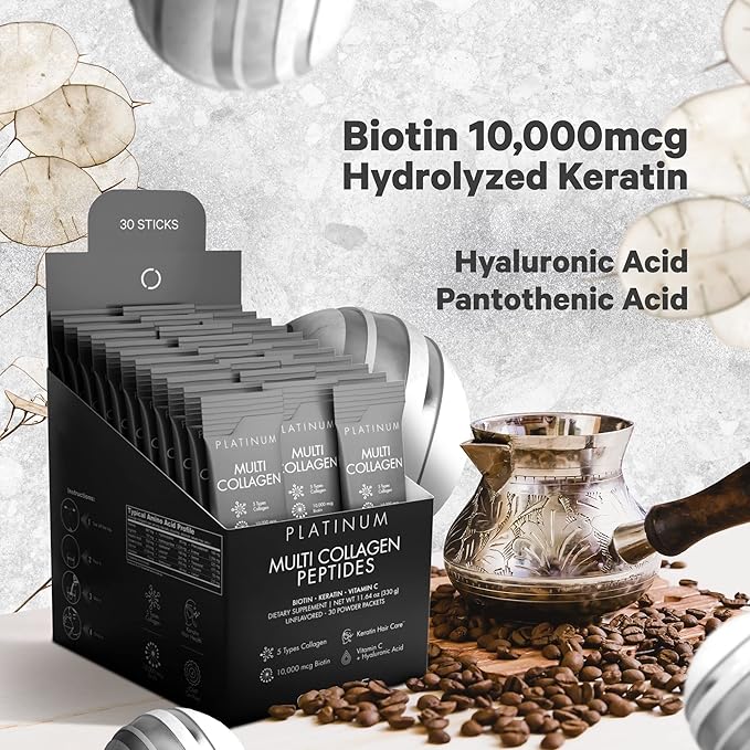 Codeage Multi Collagen and Biotin 10,000 mcg + Vitamin C, B6 & D3, Keratin, Hyaluronic Acid, Niacin, 18 Amino Acids - Stick Packs Supplement - 5 Types Collagen Protein – 30 Powder Packets