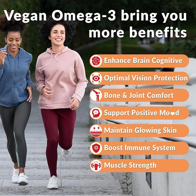 Vegan Omega 3 Gummies, Algae Omega 3 Supplement DHA 240mg, EPA 110mg w/Vitamin B12, CoQ10, Omega 3 Fish Oil Alternative for Adults - Brain, Bone, Joint, Eye & Immunity Support