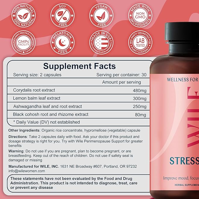 WILE Menopause & Perimenopause Supplements for Women with Ashwagandha - Stress Relief with Black Cohosh - Premenopausal Support for Improved Mood, Sleep, Hormone Balance - Vegan, 30 Servings