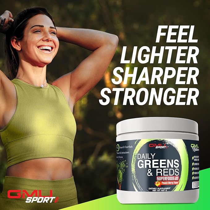 GMU SPORT Greens and Reds Superfood Powder - Reds and Greens Powder Supplement with 42 Superfoods, Antioxidants, Adaptogen and Probiotics for Digestive Health and Mental Focus - Peach Berry