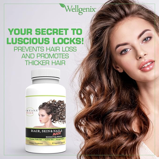 Wellgenix Purvana Max Hair, Skin, & Nails Vitamin Capsules, Double Strength Biotin 5000MCG, Fo-Ti Root, VIT A & B, Folic Acid (2 Pack)