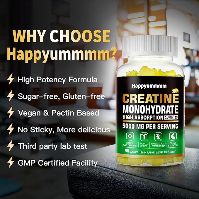 Creatine Monohydrate Gummies 5g for Men Women - Sugar Free Chewable Supplement. 180 Gummies Lemon.