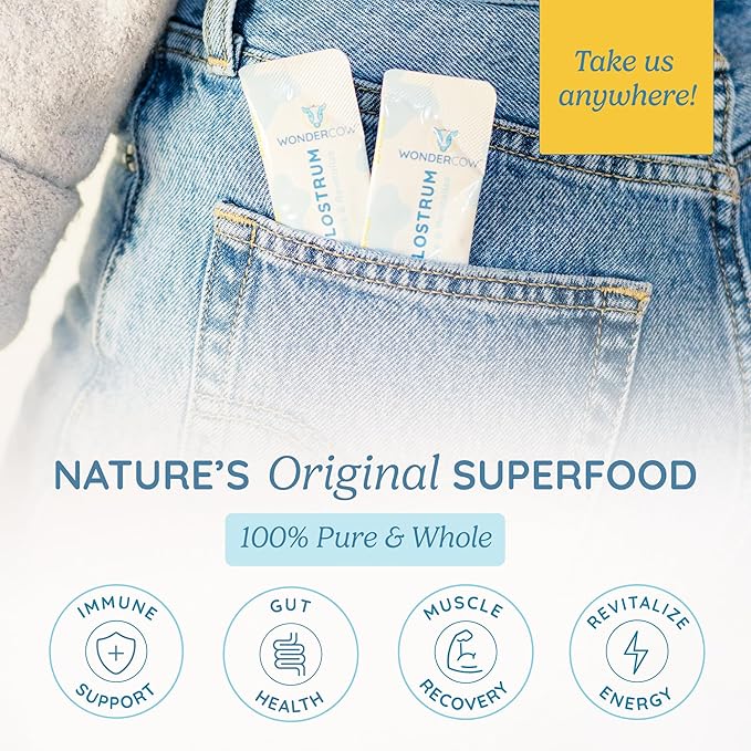 WONDERCOW Colostrum Supplement Powder for Gut Health, Immune Support, Muscle Recovery & Wellness | Natural IgG Pure Whole Bovine Colostrum Superfood, Unflavored, 30 Servings