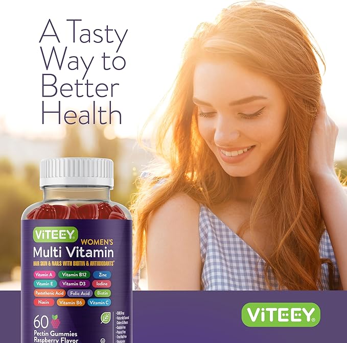 Womens Multivitamin Gummies - Immune Support - 12 in 1 Essential Daily Vitamins & Minerals - Vitamin A, C, D3, E, B6, B12, Folic Acid, Biotin, Calcium, Zinc & More - Vegetarian - Raspberry Flavored