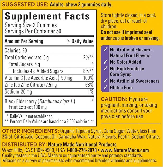 Nature Made Elderberry with Vitamin C and Zinc, Dietary Supplement for Immune Support, 100 Gummies, 50 Day Supply