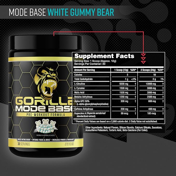 Gorilla Mode Base Pre Workout - Raises Nitric Oxide · Intense Focus & Drive · Endurance · Power - L-Citrulline, L-Tyrosine, Betaine, Alpha-GPC, Caffeine, Huperzine A - 360 Grams (White Gummy Bear)