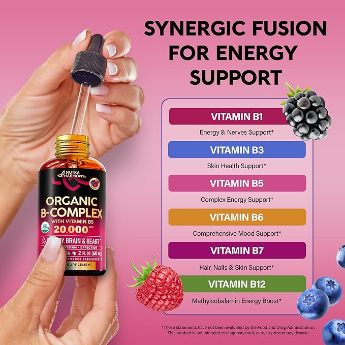USDA Organic Vitamin B-Complex B5 Pantothenic Acid | B12 Methylcobalamin | B1 Thiamine | B6 Pyridoxine | B7 Biotin | B9 Folic | B3 Niacinamide - B Complex Liquid Drops, Made in USA Supplement, 2fl oz