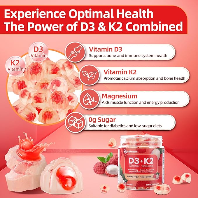 Vitamin D3 K2 Gummies w/Magnesium Sugar Free - 60 Count | D3 Vitamin 5,000 IU + K2(MK-7) 100 mcg - Vegan K2 D3 Vitamin Supplement, Highly Absorbent Supports Bone, Muscle, Mood & Immune(Lychee Flavor)