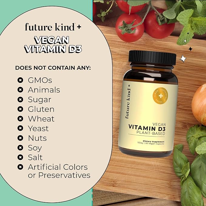 Future Kind Vegan Vitamin D3 (30 Softgels in Glass Bottle) - 2500 IU Plant-Based Vitamin D Supplements for Cell and Immune Support - Sugar-Free, Lichen-Based Vitamin D Supplements for Women & Men