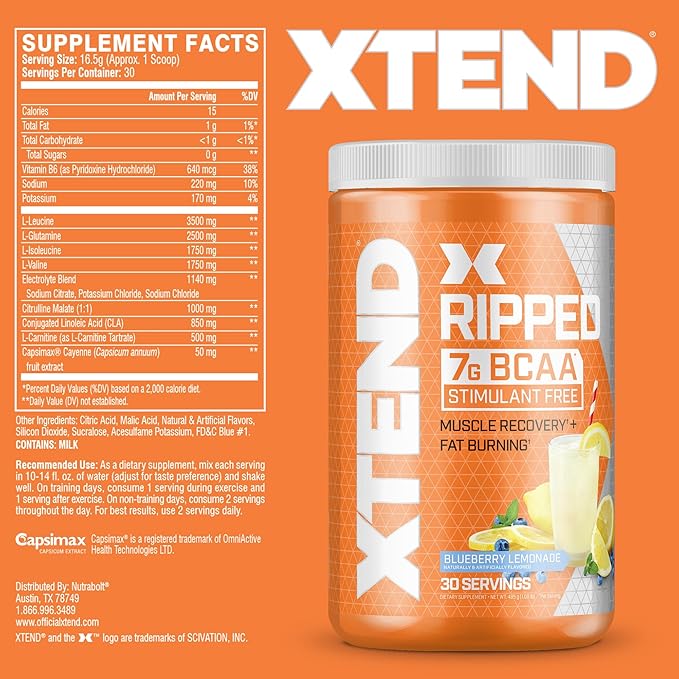 Xtend XTEND Ripped BCAA Powder Blueberry Lemonade - Cutting Formula + Sugar Free Post Workout Muscle Recovery Drink with Amino Acids - 7g BCAAs for Men & Women - 30 Servings