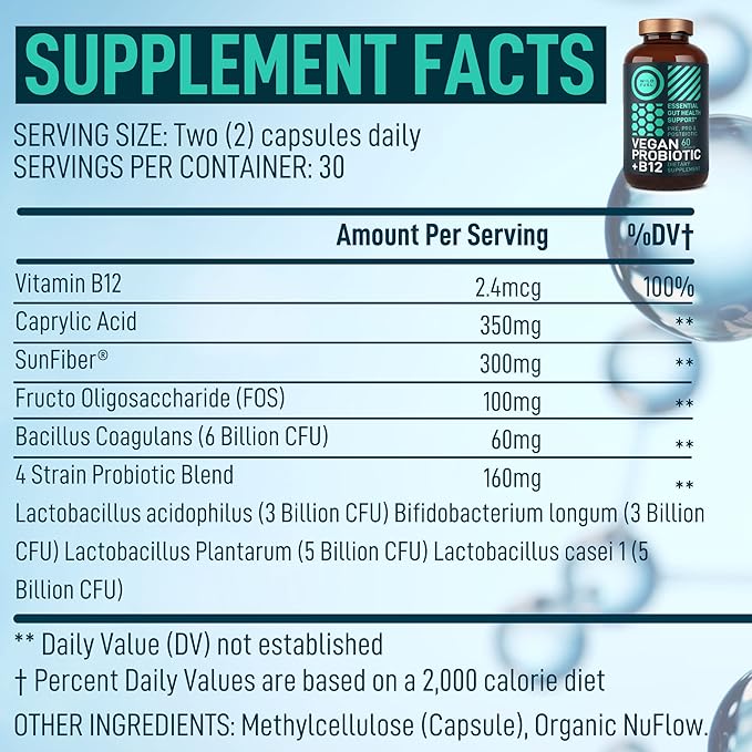 Vegan Probiotic Plus B12-22 Billion CFU Synbiotics Probiotics & Prebiotic for IBS, Digestive & Gut Health, Mood Support - B12 with FOS Pre Pro Post Biotics for Women & Men - 60 Gluten-Free Capsules