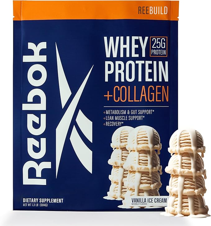Reebok ReeBuild Whey Protein + Collagen | 25g Protein, 9 Essential Amino Acids | Muscle Growth, Joint Health, Gut Support | Post Workout Recovery Powder | Vanilla Ice Cream