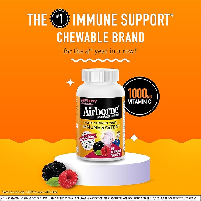 Airborne 1000mg Vitamin C Chewable Tablets with Zinc, Immune Support Supplement with Powerful Antioxidants Vitamins A C & E - 96 Chewable Tablets, Very Berry Flavor