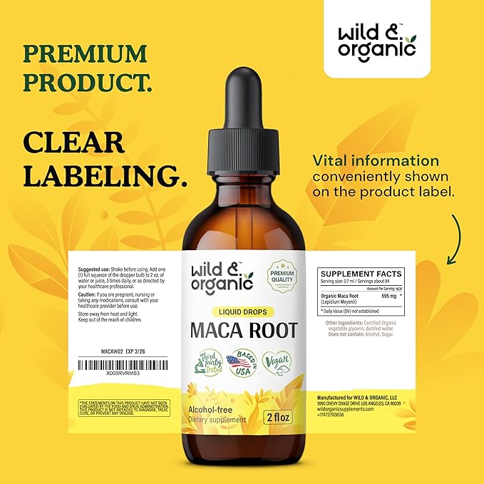 Wild & Organic Maca Root Drops for Women & Men - Supports Mood, Focus, Active Lifestyle - Alcohol Free Maca Tincture - Liquid Maca Root Supplement - Vegan, No Additives - 2 fl oz