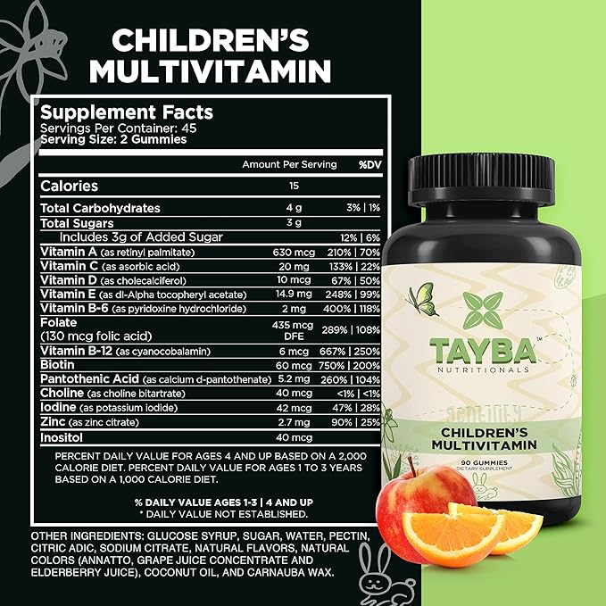 Tayba Nutritionals Kids Multi-Vitamin Gummy Bears with Vitamin A, Vitamin C, Vitamin D, Vitamin E, Biotin, Zinc, & More, 90 Count - Halal Certified, Vegetarian, Gelatin Free, Made in USA