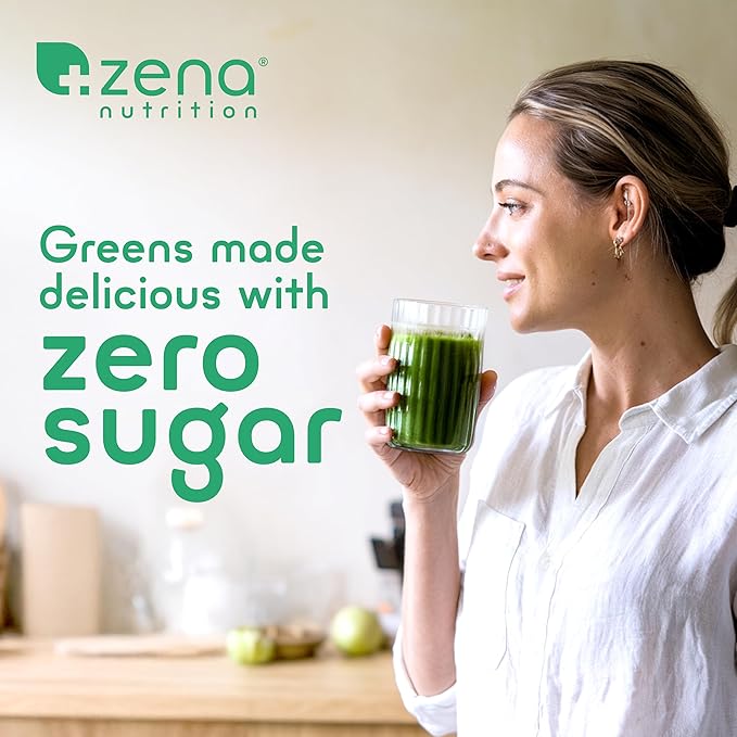 Zena Organic Super Greens Powder, 70+ Superfoods Drink Mix, 0 Sugar, 3G Fiber, Fruits, Veggies, Spirulina, Chlorella, Antioxidants, Pre & Probiotics, Digestive Enzymes, Green Apple Flavor, 30 Packets