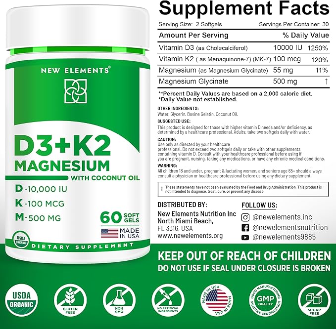 Vitamin D3 K2 10000 IU Organic Softgels for Men and Women with Magnesium Glycinate 500mg | Vitamin D & Magnesium Supplement for Bone Health | Immune Support | Non-GMO | Gluten-Free | Sugar Free