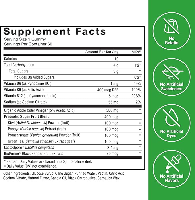 Force Factor ProbioSlim Apple Cider Vinegar Gummies with Organic LactoSpore Probiotics and Prebiotics to Support Digestion, Metabolism, and Immune Health, 60 Gummies