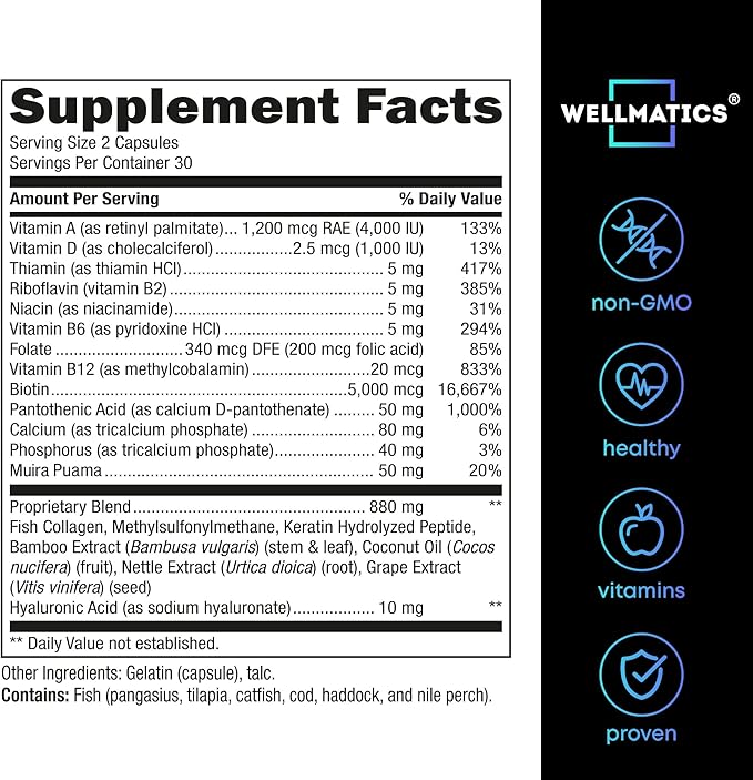 Biotin and Collagen Supplements - Hair Growth Vitamins - Made in USA - Hair and Nails Vitamins for Women - Biotin Vitamins for Hair Skin and Nails - Vitamin B Complex - Hyaluronic Acid - 60 Caps
