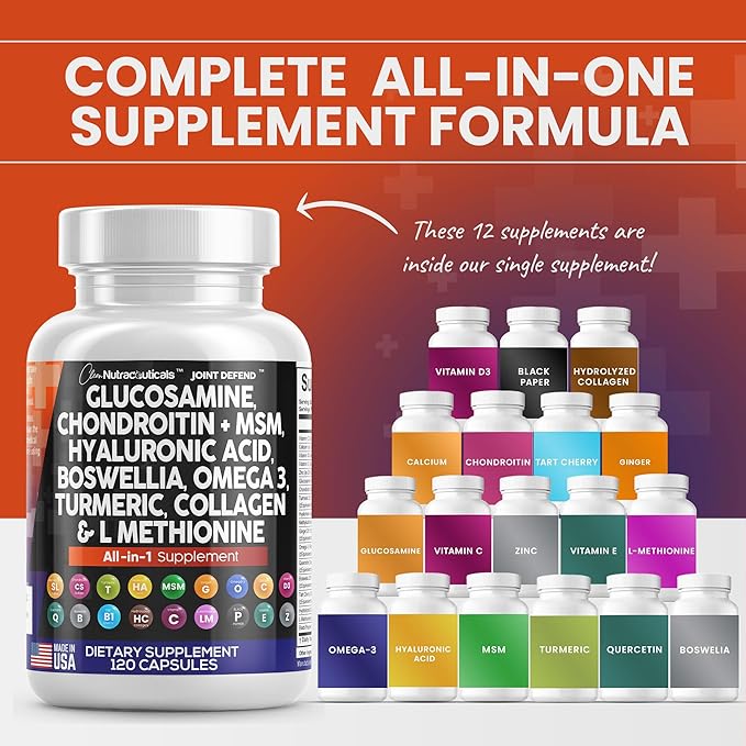 Clean Nutraceuticals Glucosamine Chondroitin MSM Turmeric Hyaluronic Acid Boswellia Collagen Tart Cherry - Joint Support Supplement Omega 3 Pills Ginger Quercetin Capsules - 120 Count USA