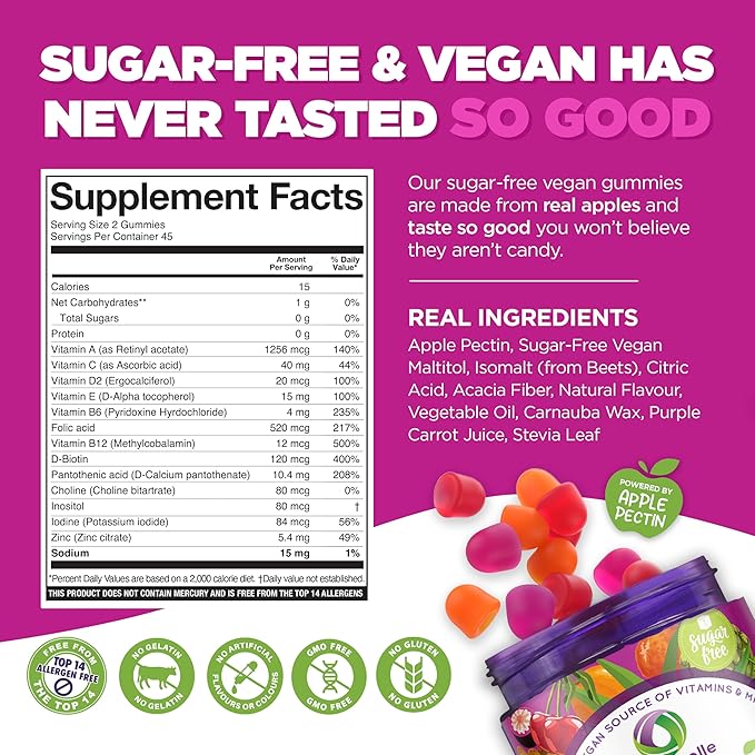 NUTRAMIN Daily Vegan Keto Multivitamin Gummies Non-GMO Natural Vitamin C, D + Zinc for Immunity, Plant-Based, Sugar-Free, Nut-Free, Gluten-Free, Biotin, Vitamin A, B, B6, B12 & More 90 Count, 45 Days