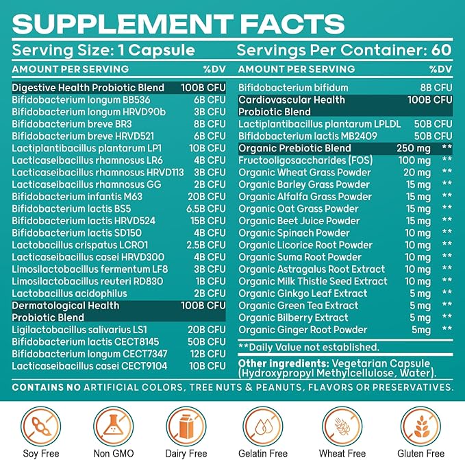 Probiotics for Women & Men - 300 Billion CFU & 24 Strains Probiotic with 15 Organic Herbs Prebiotics Blend, for Overall Digestive Health, Immune, Constipation, Gut & Bloating Health - 2 Month Supply