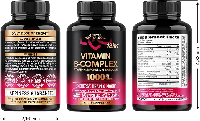 Vitamin B Complex for Men & Women - Made in USA - B-Complex: B1, B2, B3, B5, B6, B7, B8, B9, B12 with Vitamin C, Choline, Inositol - Energy, Brain & Heart Support Supplement, 60 Vegan Capsules