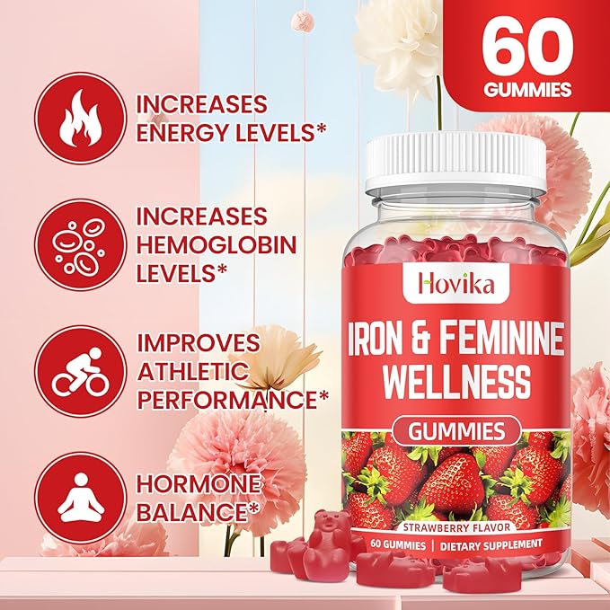 Iron for Women Gummies, 40mg Iron Supplement Anemia with multivitamin for Women, Zinc, Selenium, Iodine - for Iron Deficiency - Natural Hormonal Support for PMS, Strawberry Flavour, 60 Count