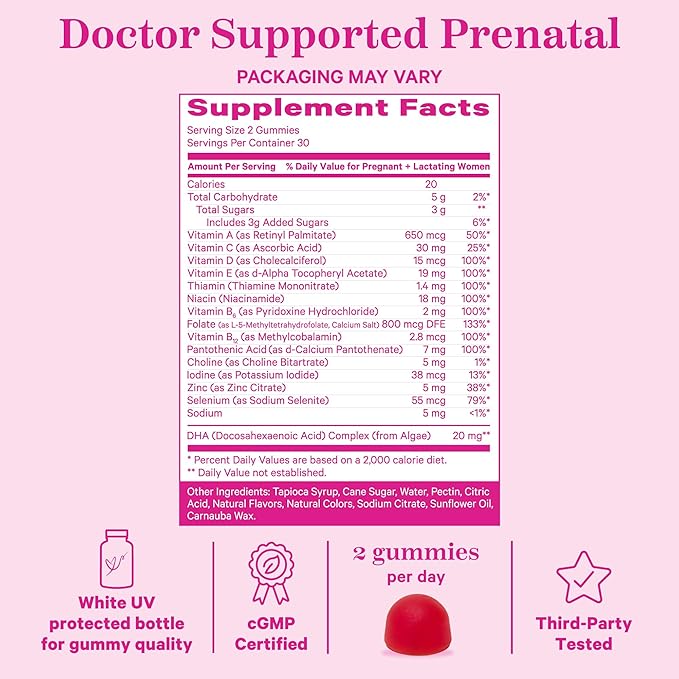 Pink Stork Premium Prenatal Gummy Vitamins with DHA, Folate, and Vitamin D - Multivitamin and Nutrient Blend for Neural Tube and Fetal Brain Development - Pregnancy Must Haves - 60 Vegan Gummies