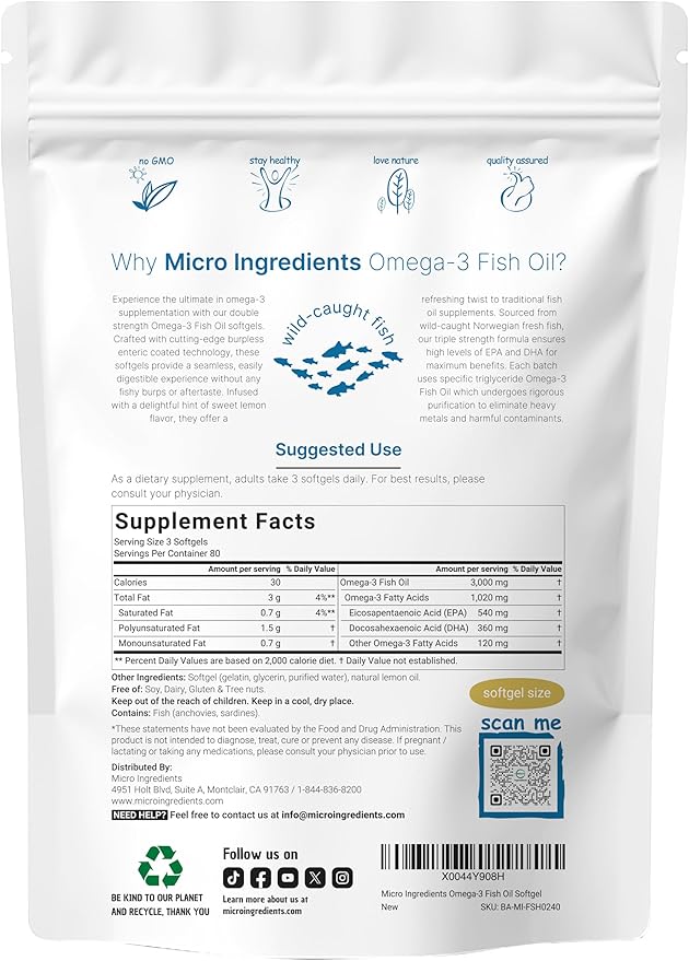 Omega 3 Fish Oil Supplements 3,000mg Per Serving, 240 Softgels | Lemon Flavored – Burpless | EPA 540mg + DHA 360mg | Heart & Brain Support | Deep Sea Fish