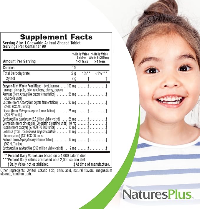 NaturesPlus Animal Parade Tummy Zyme, Tropical Fruit Flavor - 90 Animal-Shaped, Chewable Tablets - Pack of 2 - Digestive Aid & Probiotic - Vegetarian, Gluten Free - 180 Total Servings