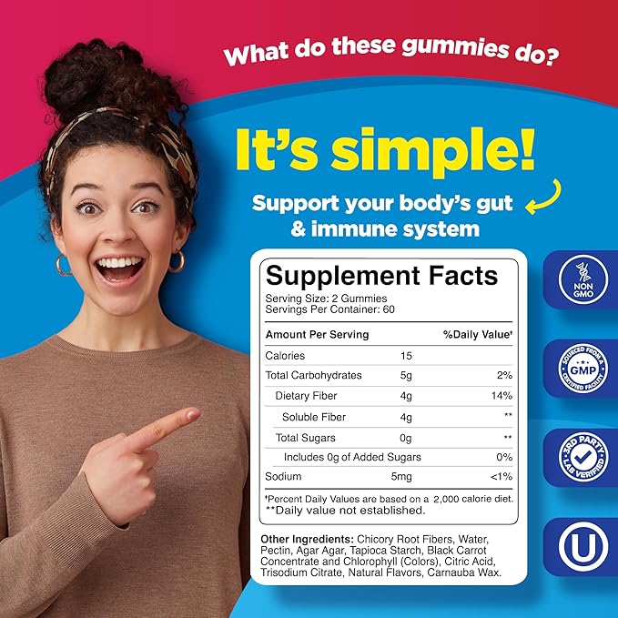 Fiber Gummies for Adults Sugar Free - Prebiotic Fiber Supplement Gummies for Digestive and Immune Support - Tasty High Fiber Non GMO Vegan Kosher Gluten and Sugar Free Gummies Vitamins for Adults