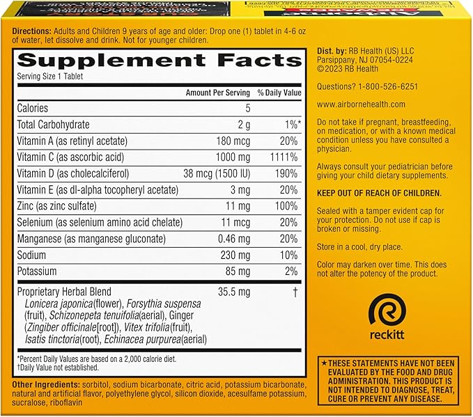 Airborne 1000mg Vitamin C with Zinc, SUGAR FREE Effervescent Tablets, Immune Support Supplement with Powerful Antioxidants Vitamins A C & E - 30 Fizzy Drink Tablets, Zesty Orange Flavor