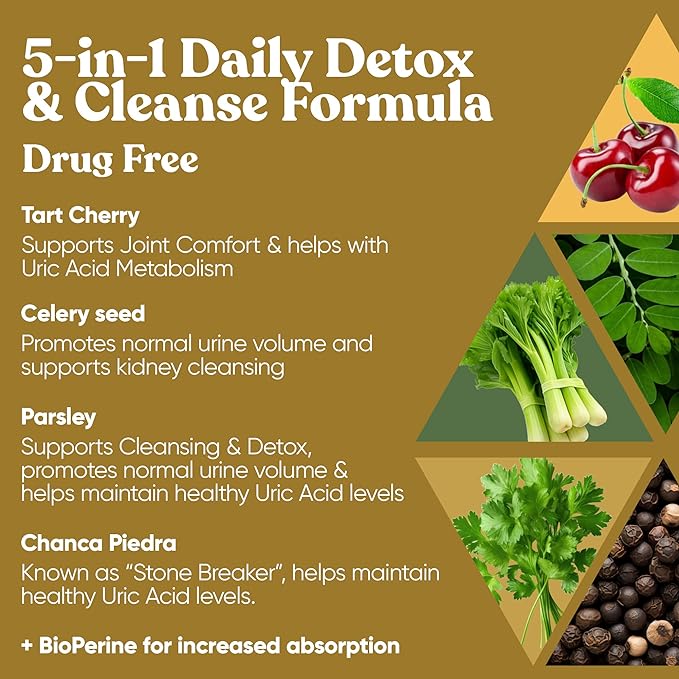 Purge! Uric Acid Flush – Eat & Drink What You Want – Detox and Cleanse with Celery Seed Extract, Tart Cherry & Chanca Piedra for Effective Joint Support & Active Mobility – 60 Soft Vegan Capsules