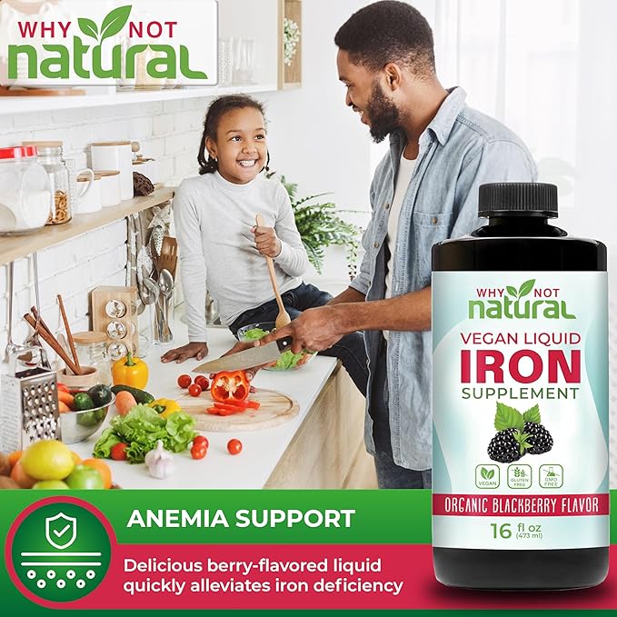 Why Not Natural Liquid Iron Supplement for Women, Men and Kids, Vegan Formulation for Anemia, Sugar Free, Vegan, Non-GMO, Gluten Free, Organic BlackBerry Flavor 16 Fl Oz