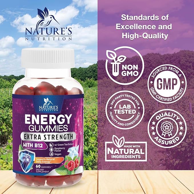 Energy Gummies Vitamin B12, Green Tea Natural Caffeine Support, Extra Strength 1000 mcg Daily Energy Vitamins, Delicious Berry Flavor Gluten Free Chewable Supplement for Cycling & Running - 60 Chews