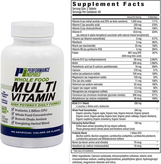 Performance Inspired Nutrition - Whole Food Multi Vitamin – 1 Billion CFU Probiotics – BCAAs – Energizing Herbal Complex - 90 Count (Pack of 1)
