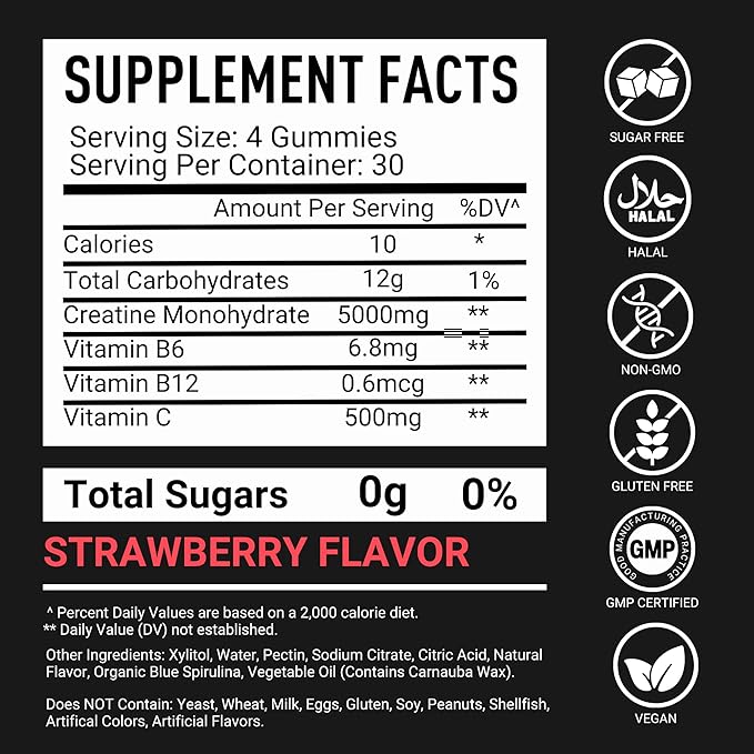 Creatine Gummies for Men & Women 5g Sugar Free - 120 Chewable Creatine Monohydrate Gummies for Muscle Strength, Muscle Builder, Energy Boost, Booty Gain, Pre-Workout & Recovery Supplement Gummy Chews