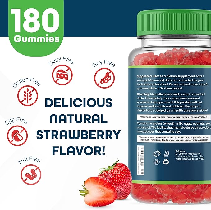 Vitamin B Complex Gummies for Adults, B Complex Vitamin Supplement for Women and Men, B Vitamins Complex Gummies for Energy and Brain Health, Natural Strawberry Flavor, 180 Count